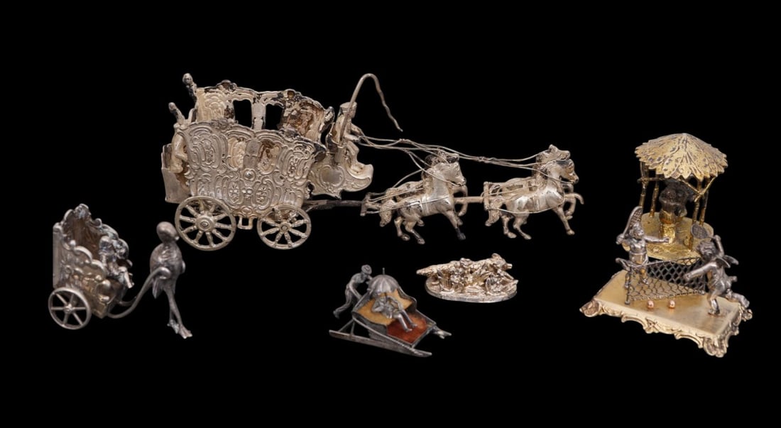 6 Silver Miniatures, Vermeil Wash on 2 Objects D' Art, Carriage 2 1/2"h x 8"w (1 of 15)