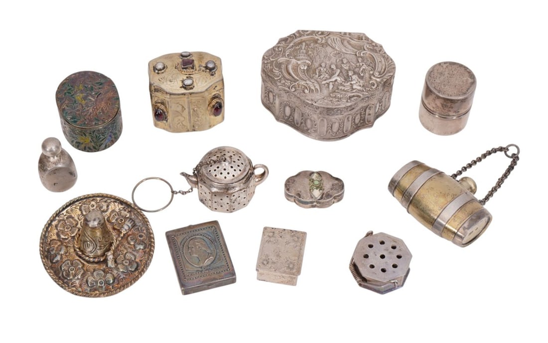 9 Miniature Boxes, including One Mexican Hat Pin & 2 Tea Strainers, Largest Box 1 1/2"h x 3"w (1 of 10)