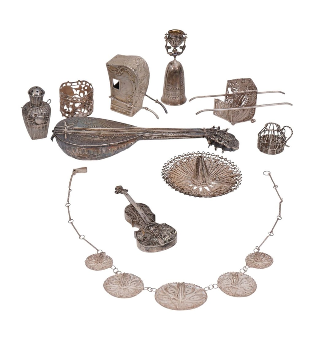 10 Assorted Silver Miniatures, 2 Instruments & 2 Carriages, Instrument 1'h x 6 1/2"L (1 of 9)