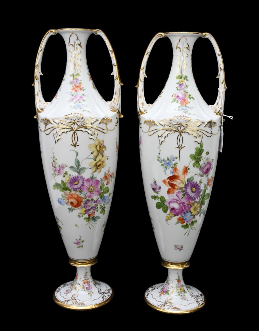 Pair 19th c. Dresden Germany Porcelain Vases, Hand painted Floral Design On Both Sides, 20"h x 8"w (1 of 14)