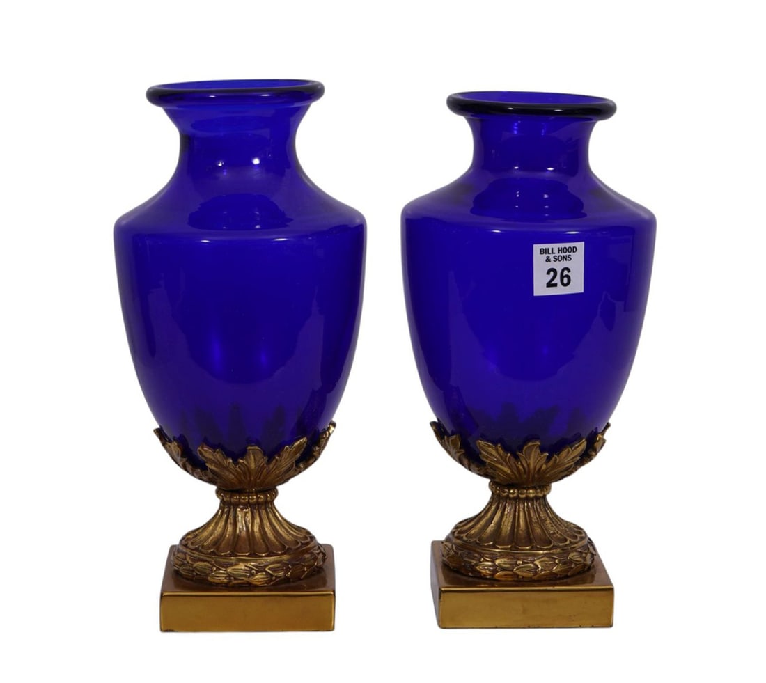 Pair Late 19th c. Urn Shape Vases, Cobalt Glass on Ormolu Bases, 11"h x 3 1/2"w (1 of 4)