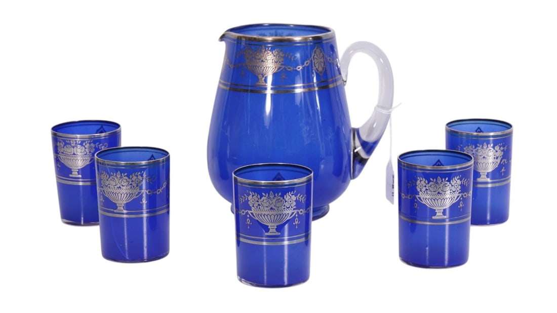 6 pc. Beverage Set, Mid 20th c, Cobalt with Silver Overlay Design, 7 1/2"h x 8"w (1 of 7)