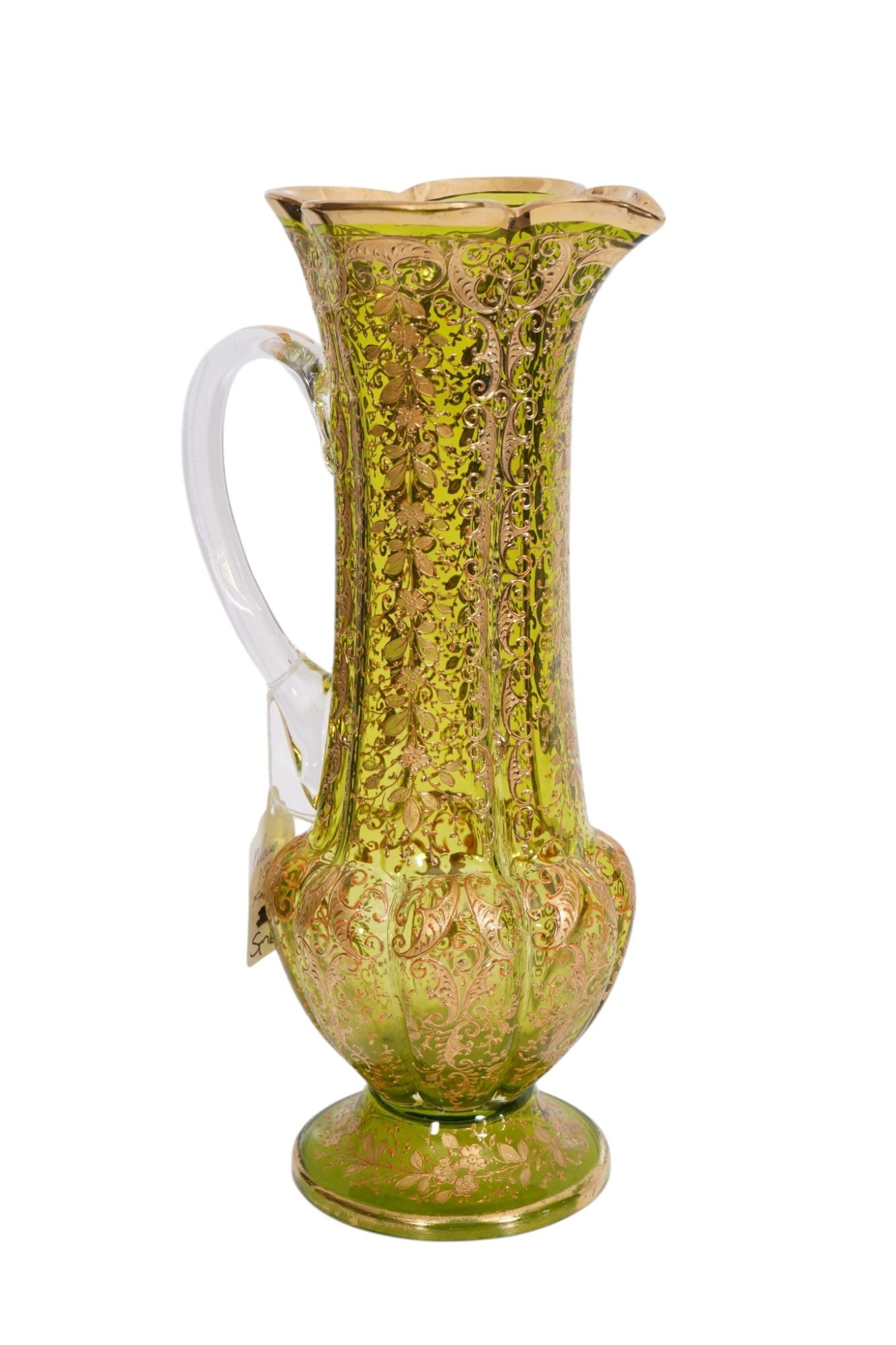 Moser 19th c. Green Glass Pitcher with Overall Gilded Floral Pattern, 12"h x 6"w (1 of 7)