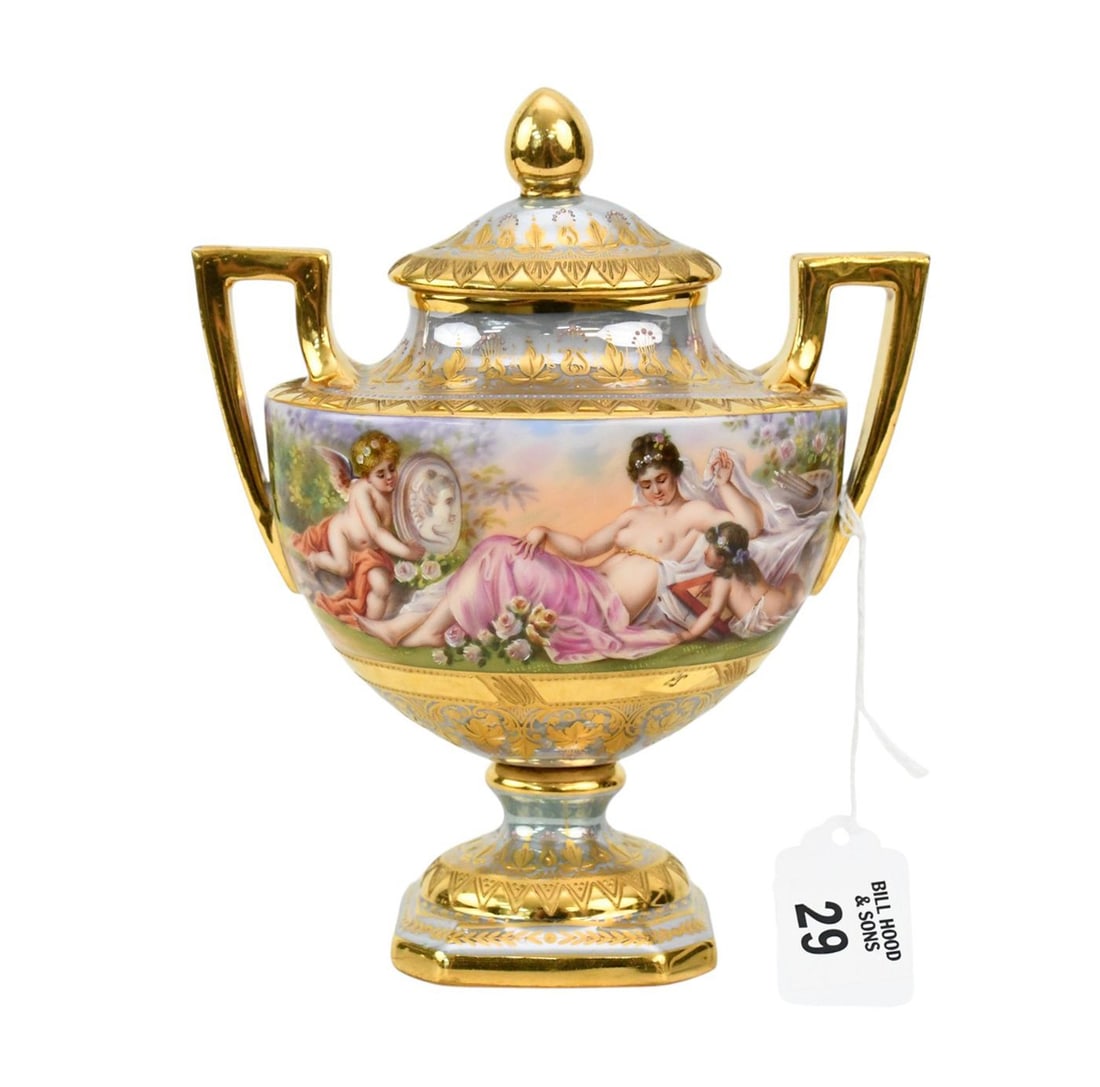 Royal Vienna 19th c. Small Covered Urn with Hand painted Allegorical Paintings Front & Reverse, Nude (1 of 7)