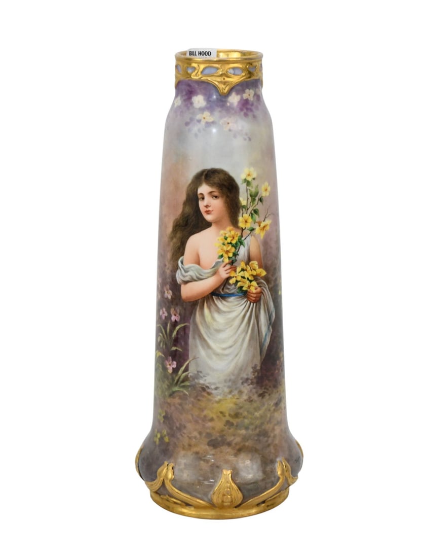 Royal Vienna 19th c. Vase, Artist Signed Wagner, Hand painted Young Maiden in Floral Landscape with: Royal Vienna 19th c. Vase, Artist Signed Wagner, Hand painted Young Maiden in Floral Landscape with Gilded Accents At Collar & Base, 13"h x 5 1/2"w