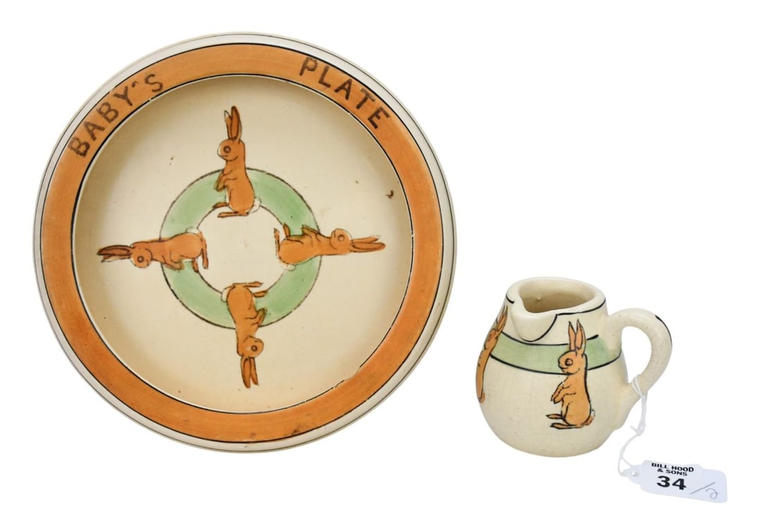 Roseville Child's Dish and Pitcher with Bunny theme, Early 1920's, Chip Inside Dish, 8"dia. And 4"H (1 of 6)