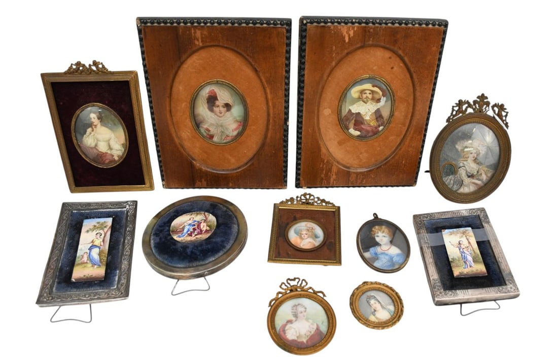 11 Antique Miniature Portrait Paintings, 3 Enamel Paintings in Sterling Frames & 8 in Brass & Wood (1 of 9)