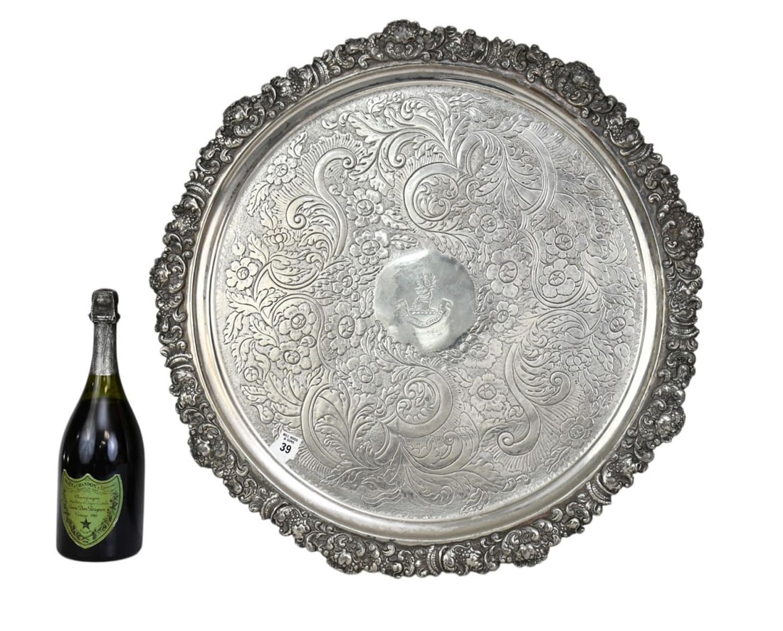 Huge Antique Silverplate Serving Tray, Overall Chasing with Ornate Repousse Border with Armorial in (1 of 4)