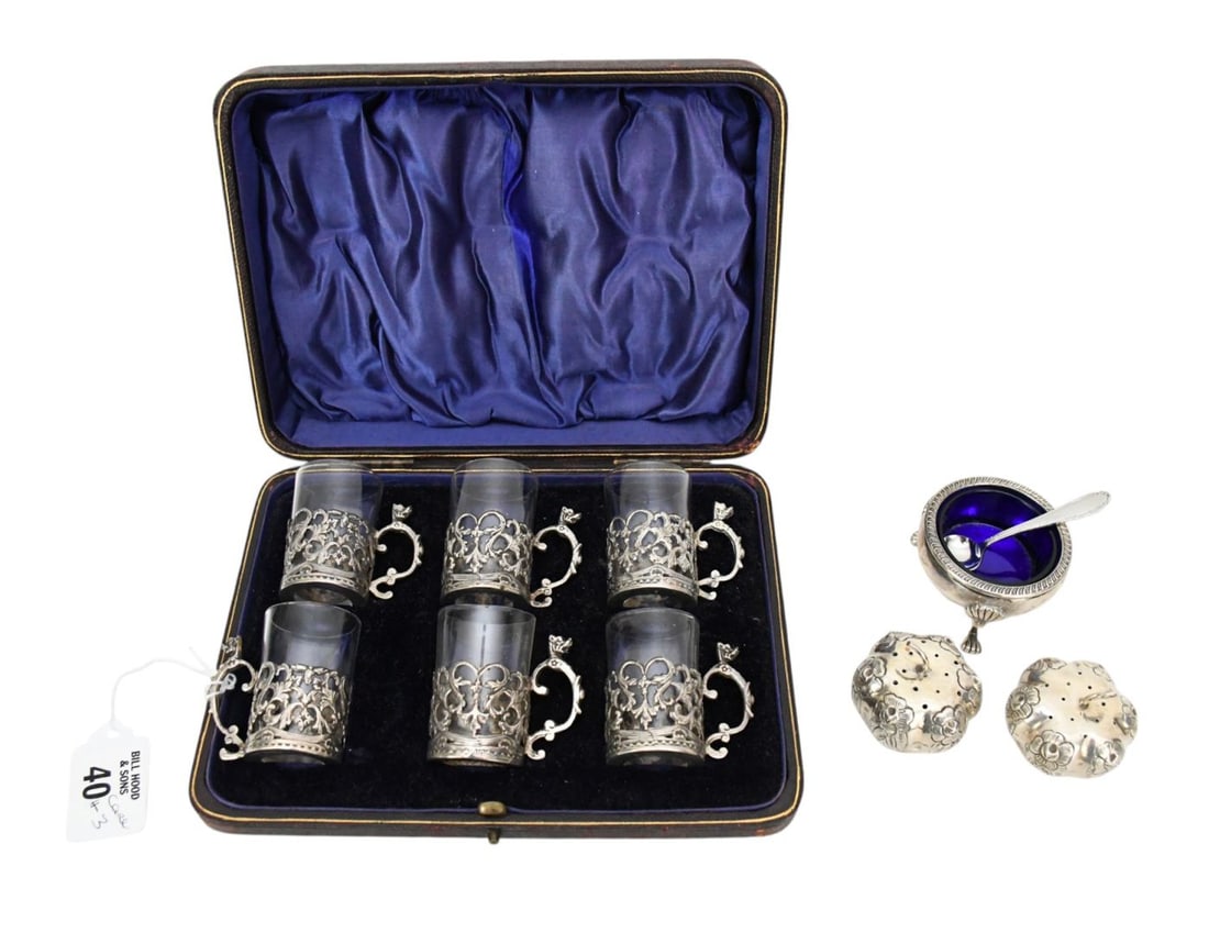 6 English Frame Cordials in Original Case (8" x 6") & Pair Gourd Shape Mexican Sterling Salt & (1 of 4)