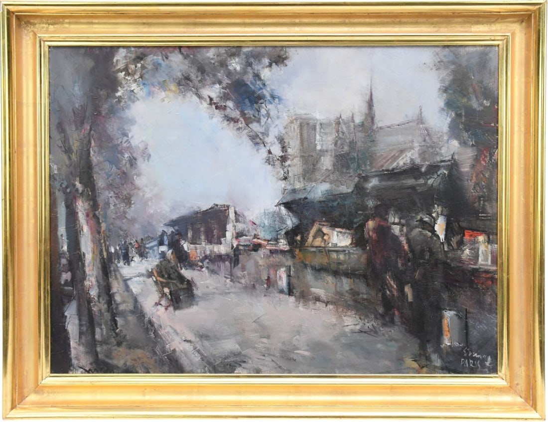 French 20th Century Oil on Canvas, Illegibly signed Paris Steet Scene, Notre Dam and street with: French 20th Century Oil on Canvas, Illegibly signed Paris Steet Scene, Notre Dam and street with vendors. Painting 21 x 28-1/2 inches. In Gallery Gold Leaf frame. 25-1/4 x 33 inches.