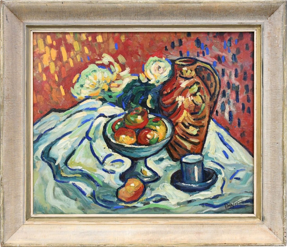 Modern French Painting signed Pinot, oil on canvas, Still Life Table Top, 20 x 24 inches. Overall (1 of 4)