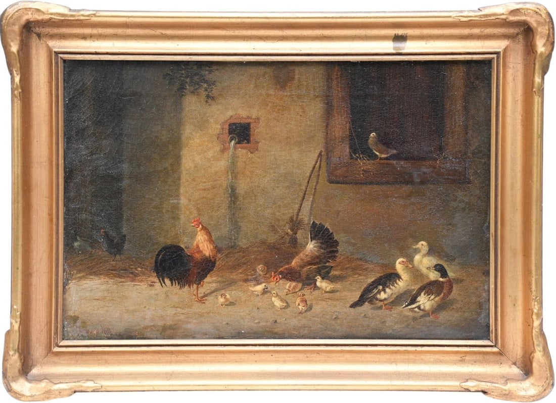 Howard Hill (British/American, 1840-1890) oil on canvas, barnyard chickens and ducks. Painting 12 x (1 of 5)