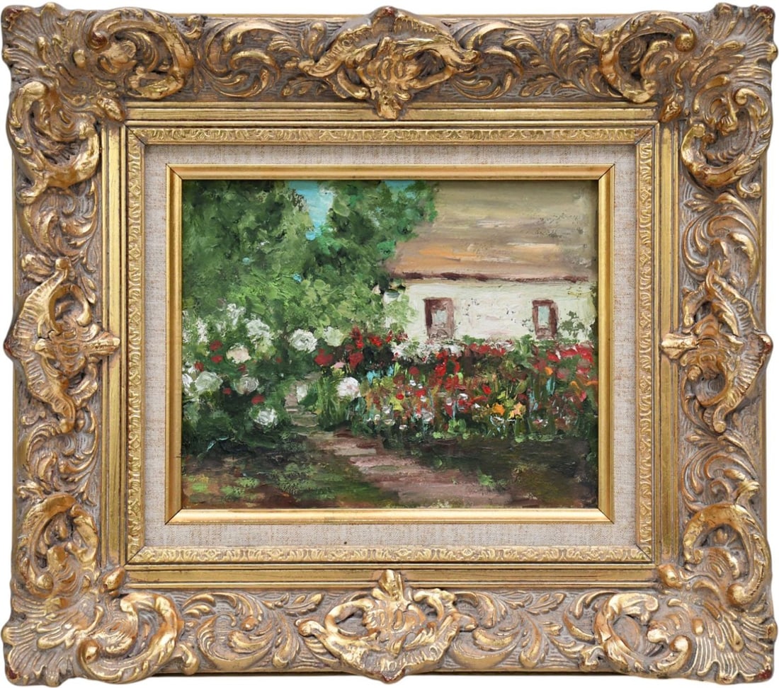 George Campbell (American 20th Century) Garden Cottage Scene- acrylic on canvas, 1988. framed 15 x: George Campbell (American 20th Century) Garden Cottage Scene- acrylic on canvas, 1988. framed 15 x 17 inches