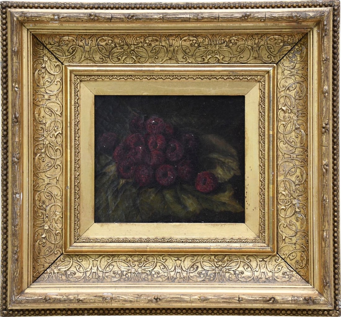 19th Century oil on canvas, still life Raspberries. 6-1/2 x 8-1/4 inches. Overall framed sizes (1 of 3)