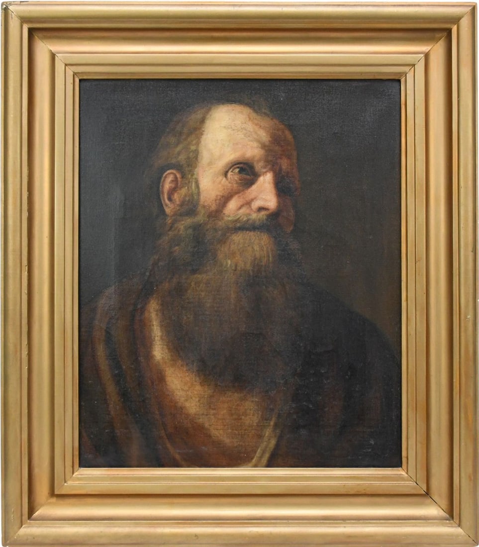 19th Century oil on canvas, St. Bartholomew , painting size 20-5/8 x 16-1/2 inches. in gold: 19th Century oil on canvas, St. Bartholomew , painting size 20-5/8 x 16-1/2 inches. in gold painted frame27 x 23-1/4 inches.