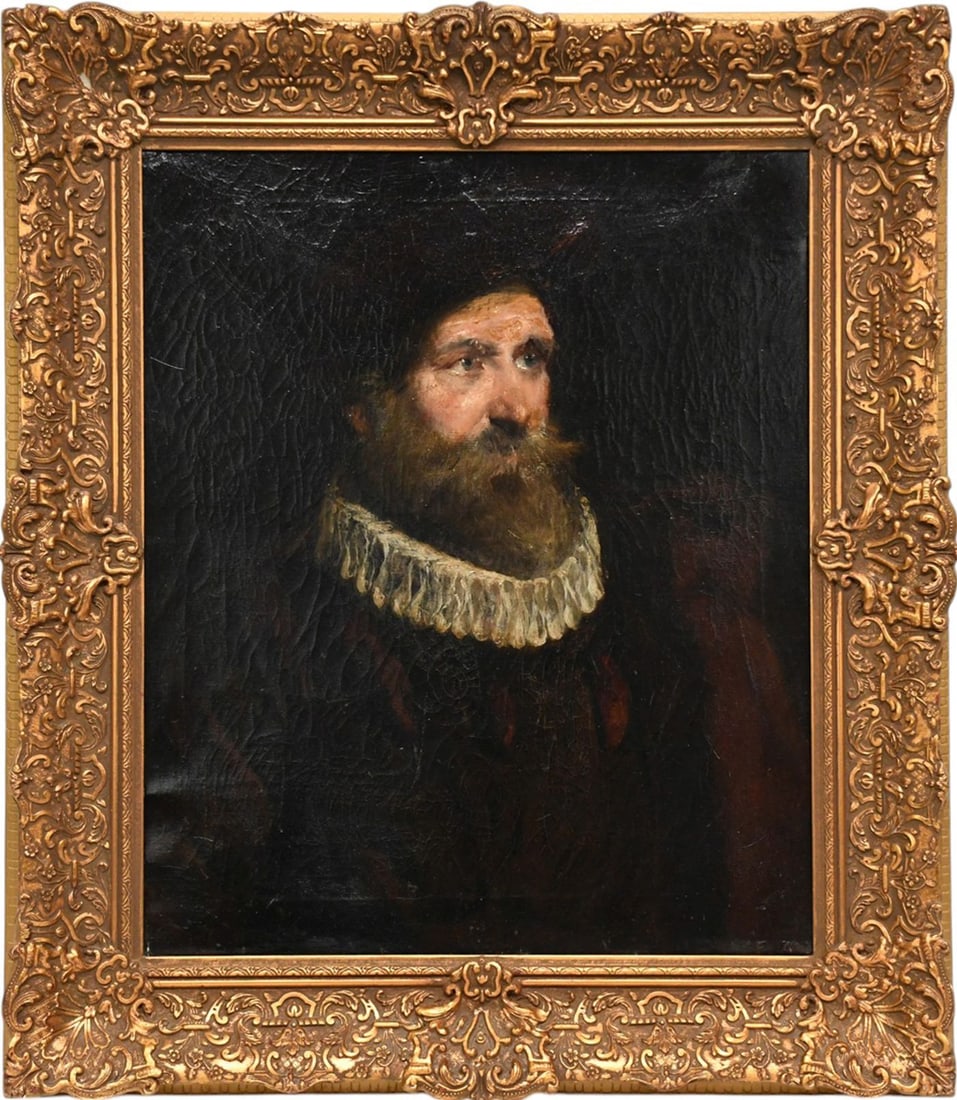 19th Century Rembrandt School, oil on canvas, portrait depicting a bearded man wearing a lace ruff: 19th Century Rembrandt School, oil on canvas, portrait depicting a bearded man wearing a lace ruff collar in ornate tilt frame. Painting sizes 24 x 20 inches. Overall frame size 31 x 27-1/2 inches.