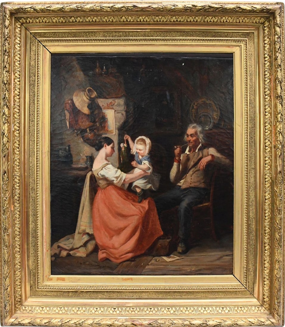 19th Century European School, Genre Scene - oil on canvas, featuring a family in rustic interior. 19 (1 of 8)