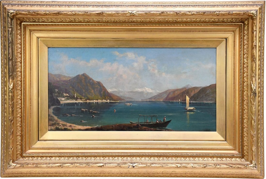 19th Century Italian School, oil on canvas, Mountain Lake Scene, signed illegibly. Tranquil scene (1 of 9)