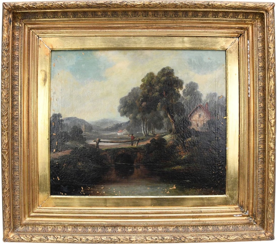 Attributed to Edward Charles Williams (British 1807-1881) oil on canvas, Cottage Scene by river. (1 of 6)