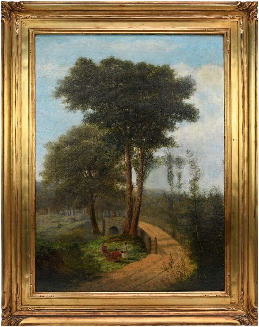 19th Century European School, signed- Calloway 1870. oil on canvas, Landscape with path, bridge and: 19th Century European School, signed- Calloway 1870. oil on canvas, Landscape with path, bridge and figures. 26 x 19 inches. Overall frame 32-1/2 x 25 inches.