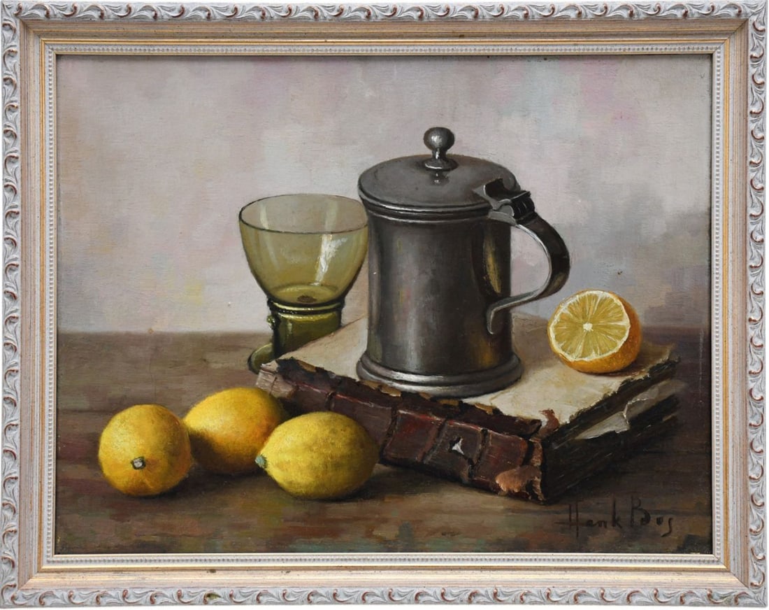 Henk Bos 1901-1979 This oil on canvas features a metallic pitcher, green glass, and lemons arranged: Henk Bos 1901-1979 This oil on canvas features a metallic pitcher, green glass, and lemons arranged on a surface, and signed in the lower right corner 18 1/2 x 14 1/2 without frame is 16 x 12