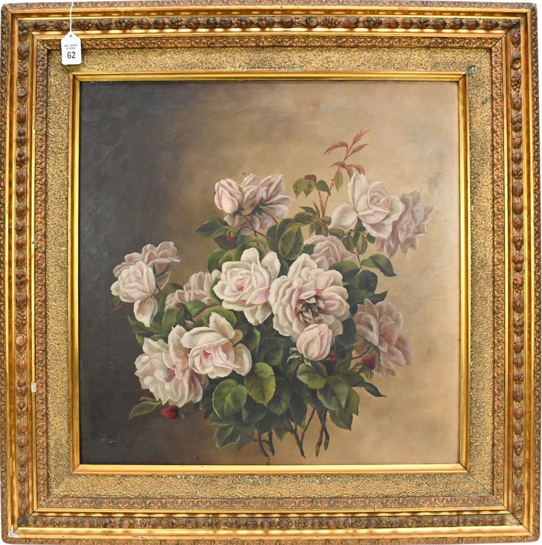 19th Century American School, oil on canvas, Still life Pink Roses. Canvas 22 x 22 inches. Antique: 19th Century American School, oil on canvas, Still life Pink Roses. Canvas 22 x 22 inches. Antique gilt frame- size approx. 30 x 30 inches