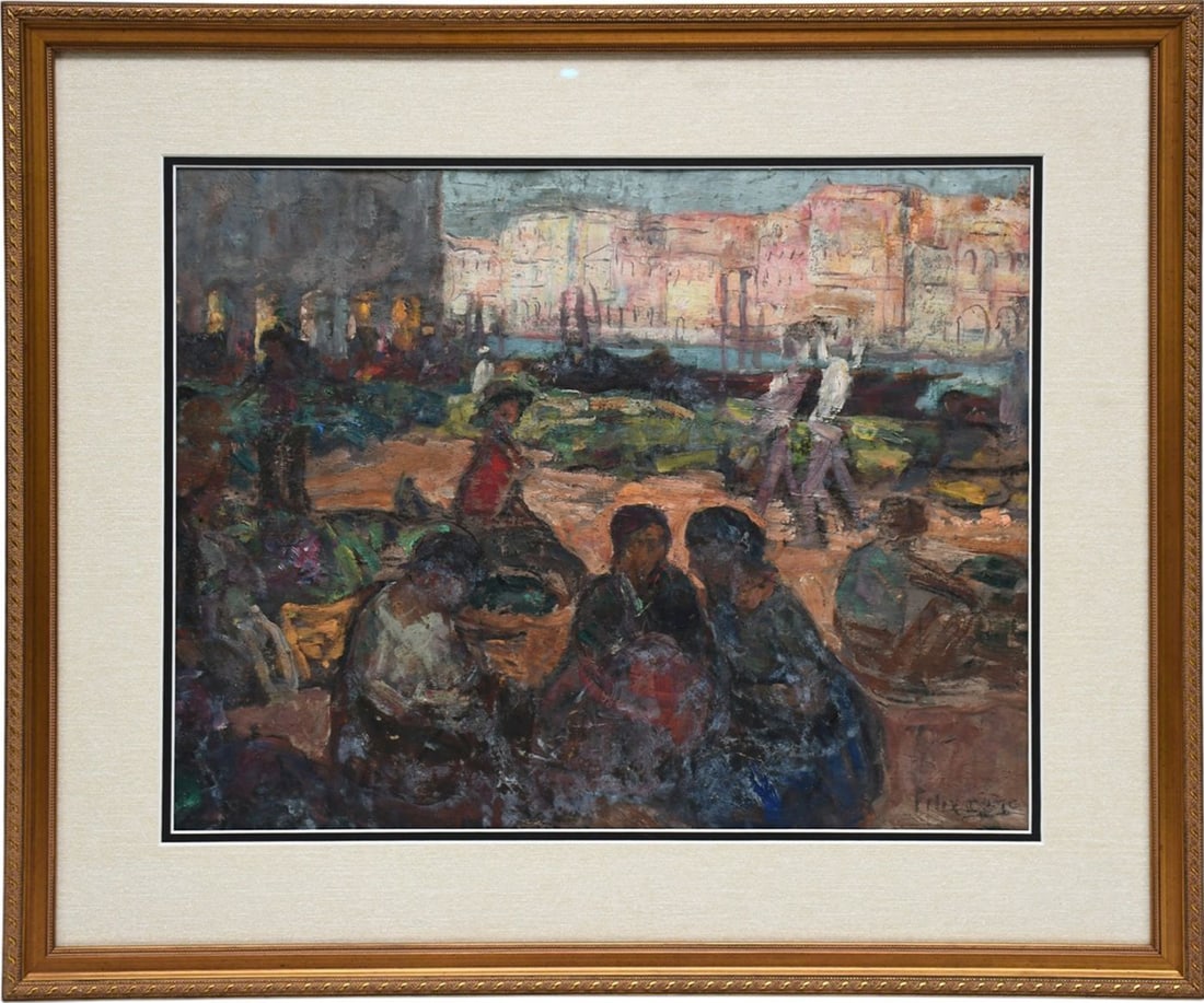 Felix Gogo (Belgian 1872-1953) impressionist- style painting depicting figures gathering in the (1 of 6)
