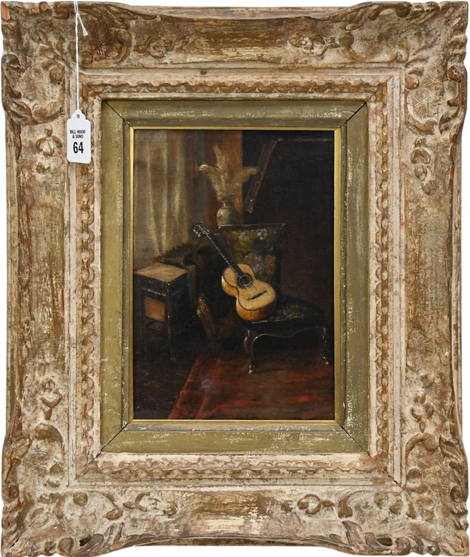 19th Century English School, oil on canvas, Still Life Interior with Guitar, Painting 10 x 8 inches,: 19th Century English School, oil on canvas, Still Life Interior with Guitar, Painting 10 x 8 inches, Antique frame 18 x 15 inches.