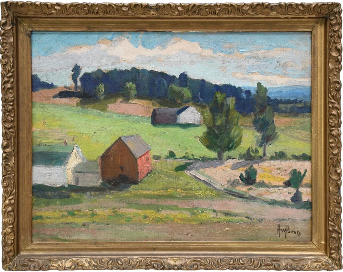 Harry W. Powers (American, 20th century) Farm Landscape, signed lower right. Overall w/ frame 14-1/2 (1 of 4)