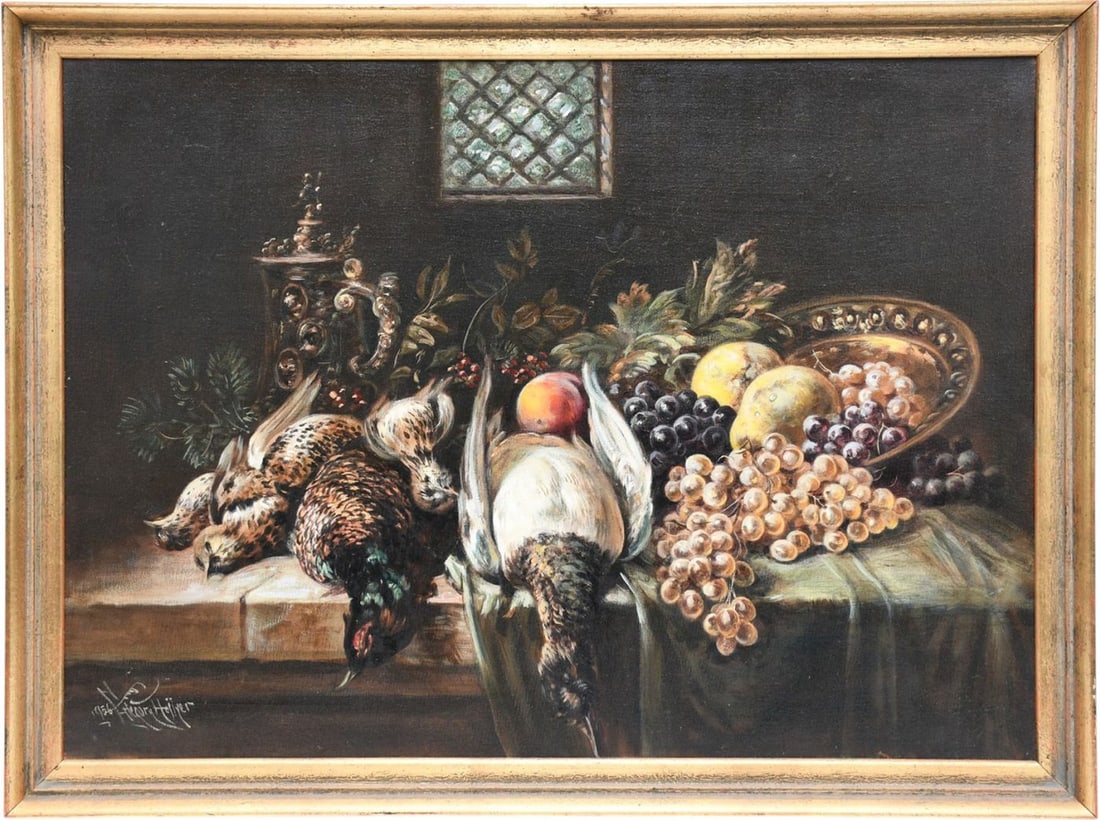 Gregory Hollyer (England 1871-1965) Still life Nature Morte, oil on canvas, 21 x 29 inches. Overall: Gregory Hollyer (England 1871-1965) Still life Nature Morte, oil on canvas, 21 x 29 inches. Overall framed 24 x 32 inches.