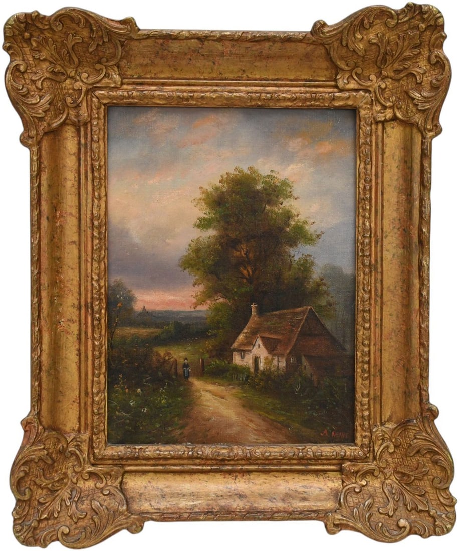 19TH Century English School signed A. Neave, oil on canvas, Cottage Landscape with lady on a path. 9 (1 of 4)