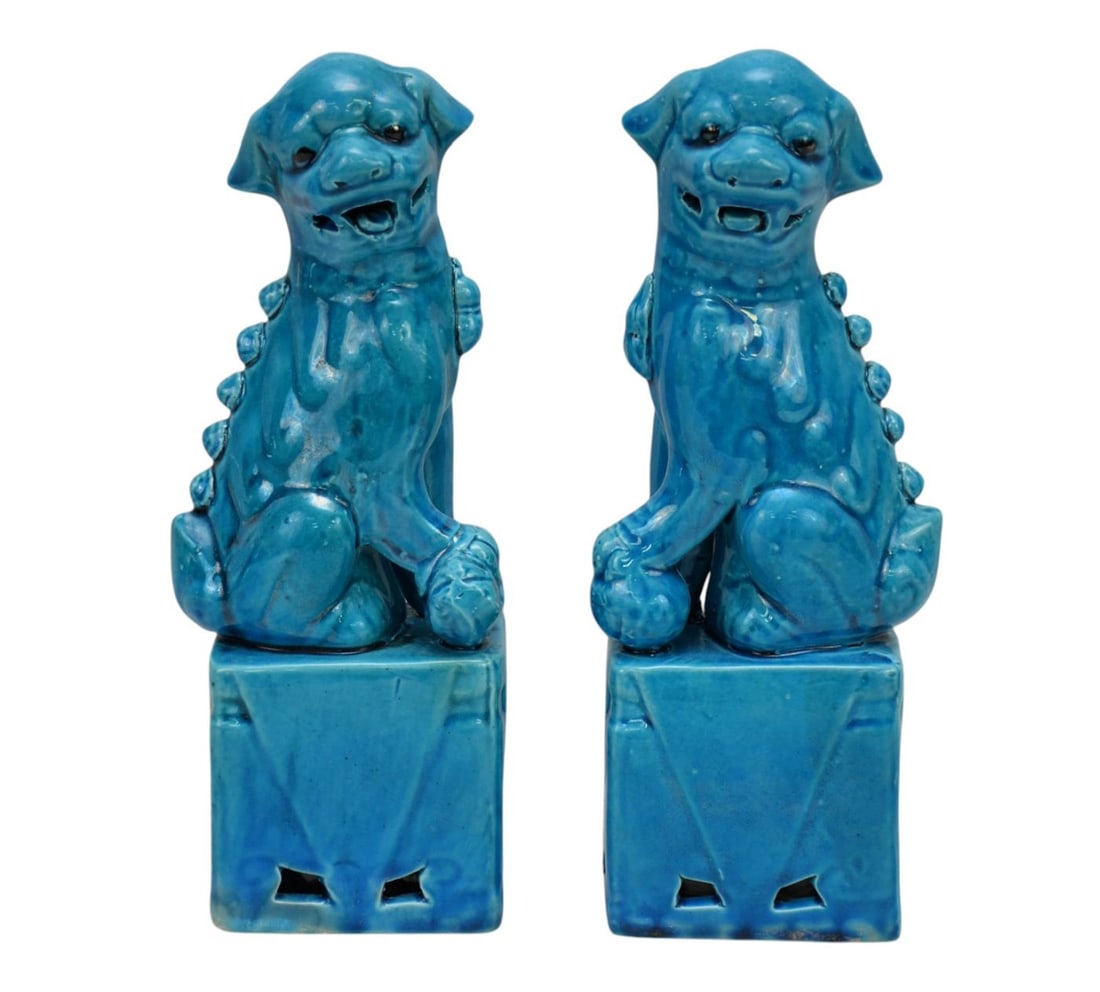 Pair Porcelain Turquoise Glazed Foo Dogs, Made in China Label, 10"h x 4"w (1 of 4)
