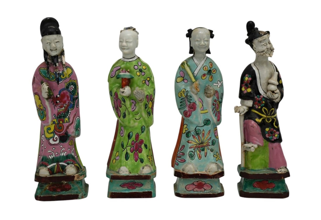 4 Chinese Pottery Multi-Color Figures, 10"h x 2 1/2"w (some damage) (1 of 6)