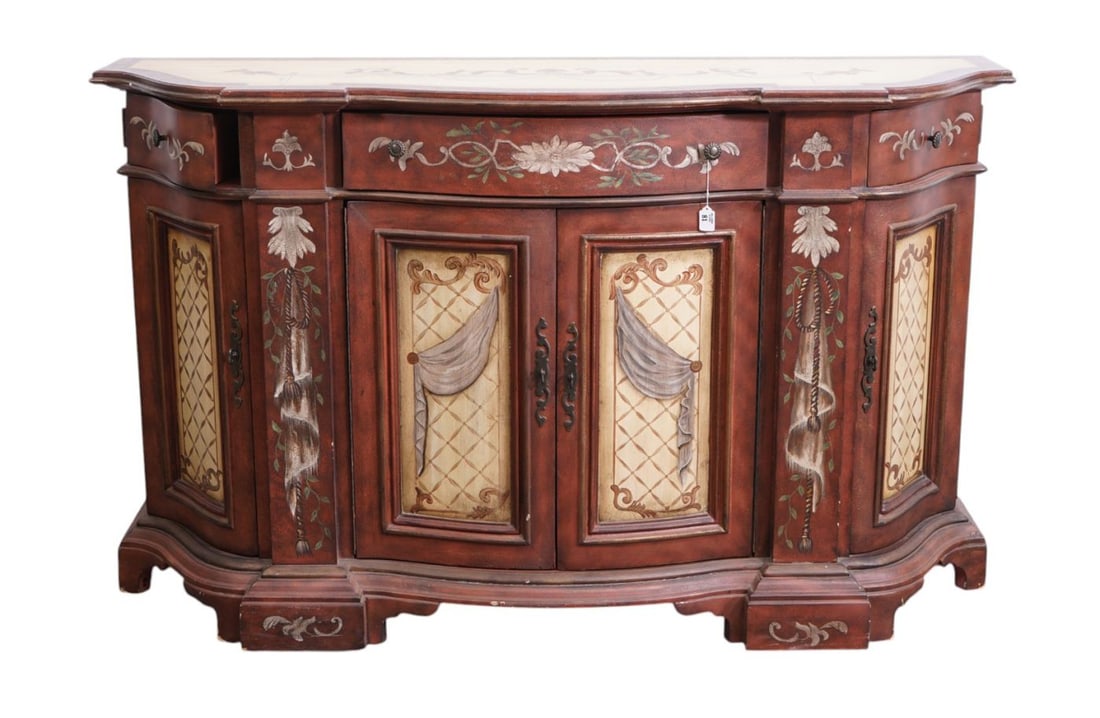 Decorative Bowed Front Painted Sideboard Single Drawer Over Double Doors Flanked by Cabinet Doors, (1 of 8)