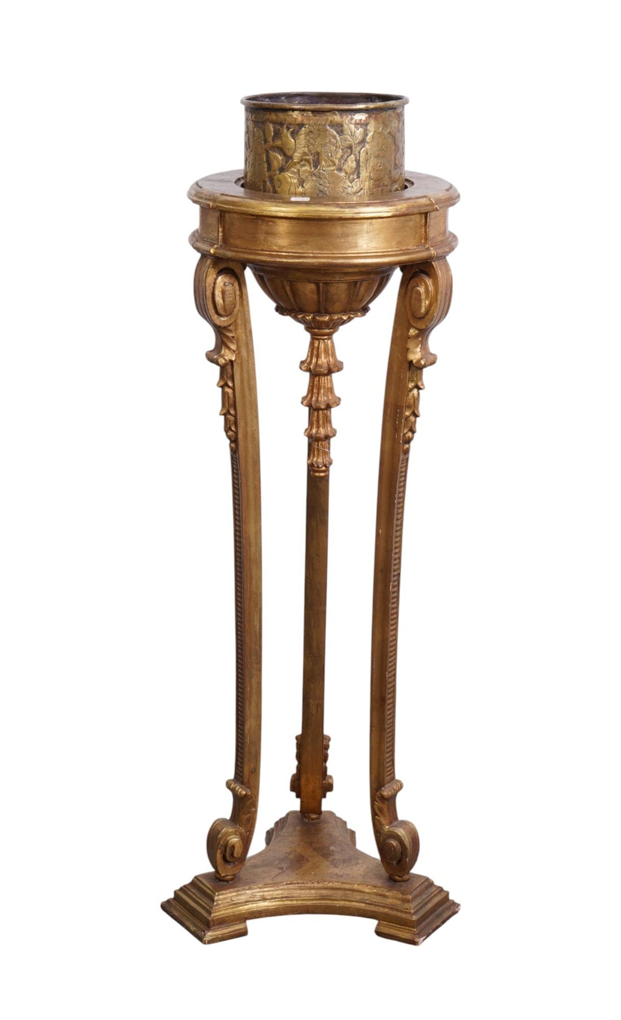 Giltwood Torchere/Planter on 3 Support Columns with Bellflower Hanging Design on Platform Base, 46"h (1 of 7)