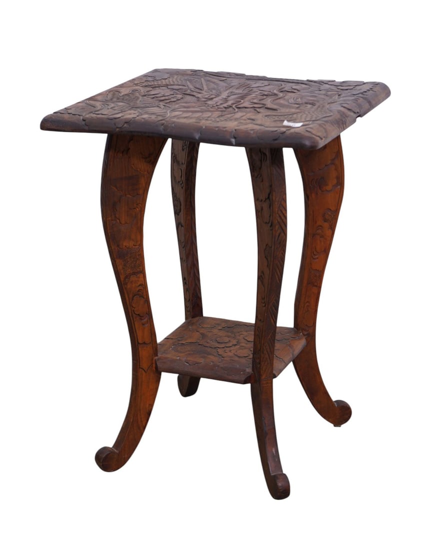 Carved Side Table with Asian Motif, 24"h x 17"w x 17"d ***If this item is not picked up by the: Carved Side Table with Asian Motif, 24"h x 17"w x 17"d***If this item is not picked up by the Friday following the auction, it will be moved to offsite storage and pickup will be by appointment only,