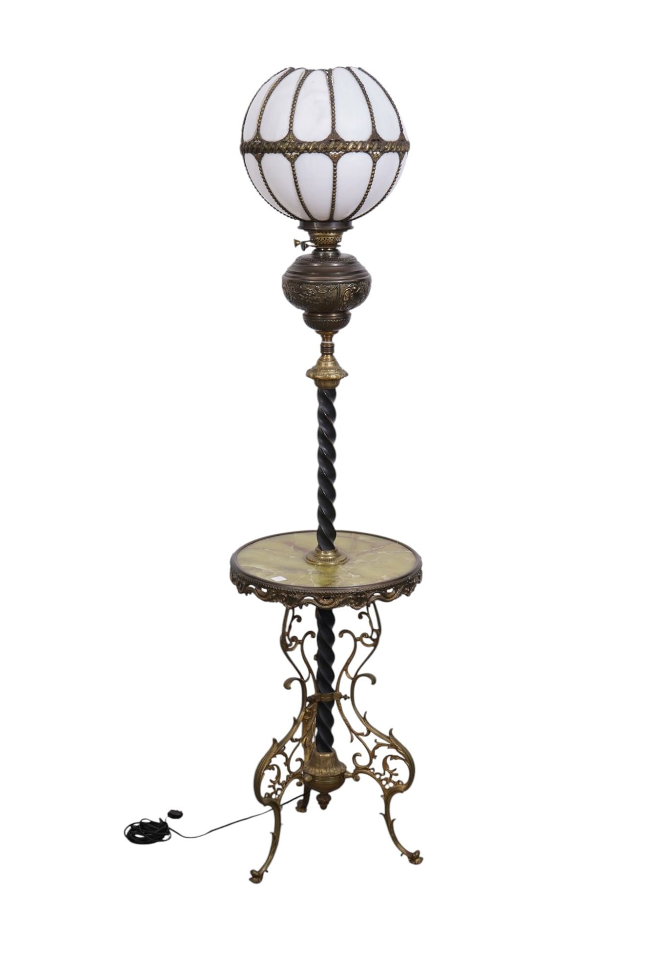 Victorian Ornate Lamp Table, Onyx Surface on Fancy Brass Turned Legs, 56"h: Victorian Ornate Lamp Table, Onyx Surface on Fancy Brass Turned Legs, 56"h