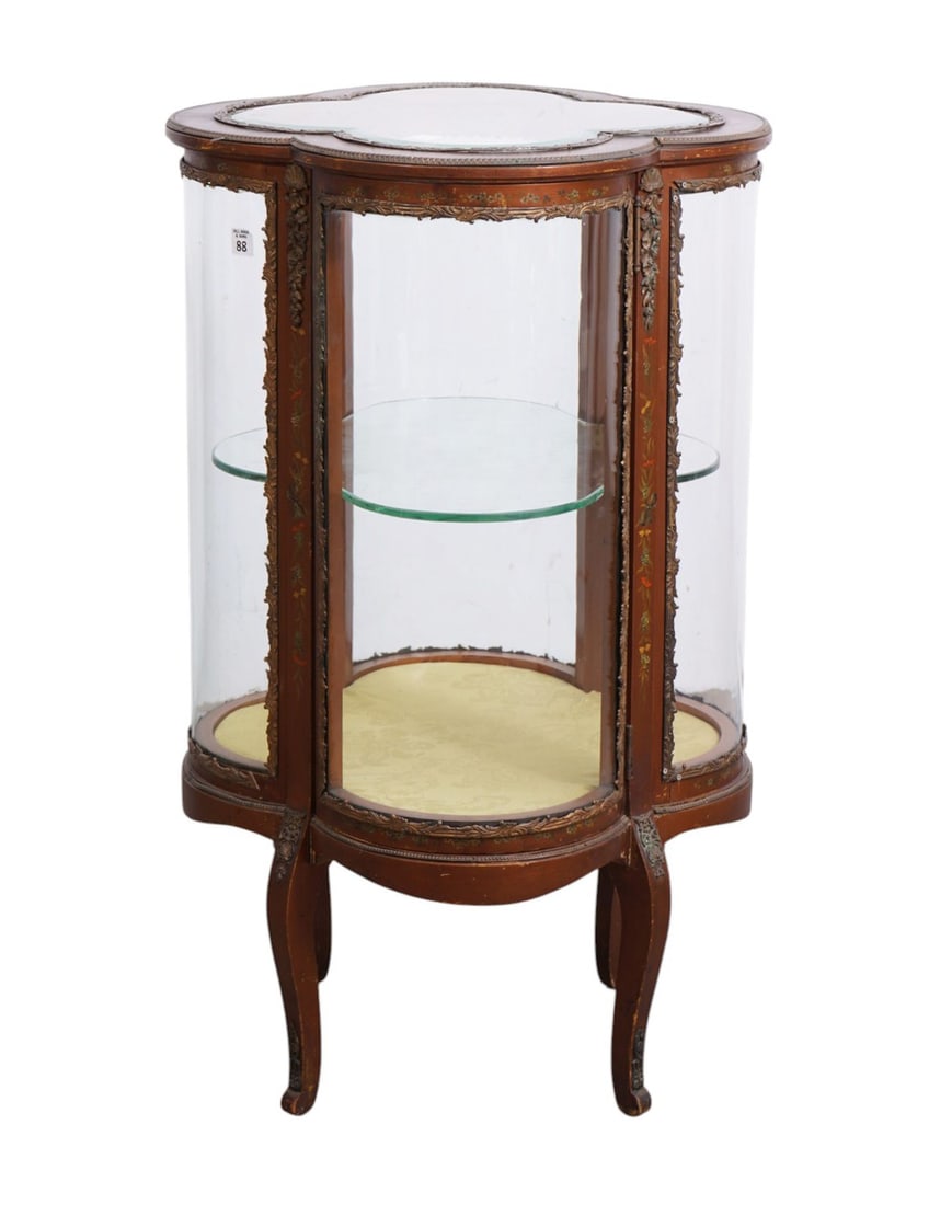 French Antique Vitrine, Clover Shape with Bowed Glass Panels, Painted Flora Trim, 37"h x 21"w ***If: French Antique Vitrine, Clover Shape with Bowed Glass Panels, Painted Flora Trim, 37"h x 21"w***If this item is not picked up by the Friday following the auction, it will be moved to offsite storage