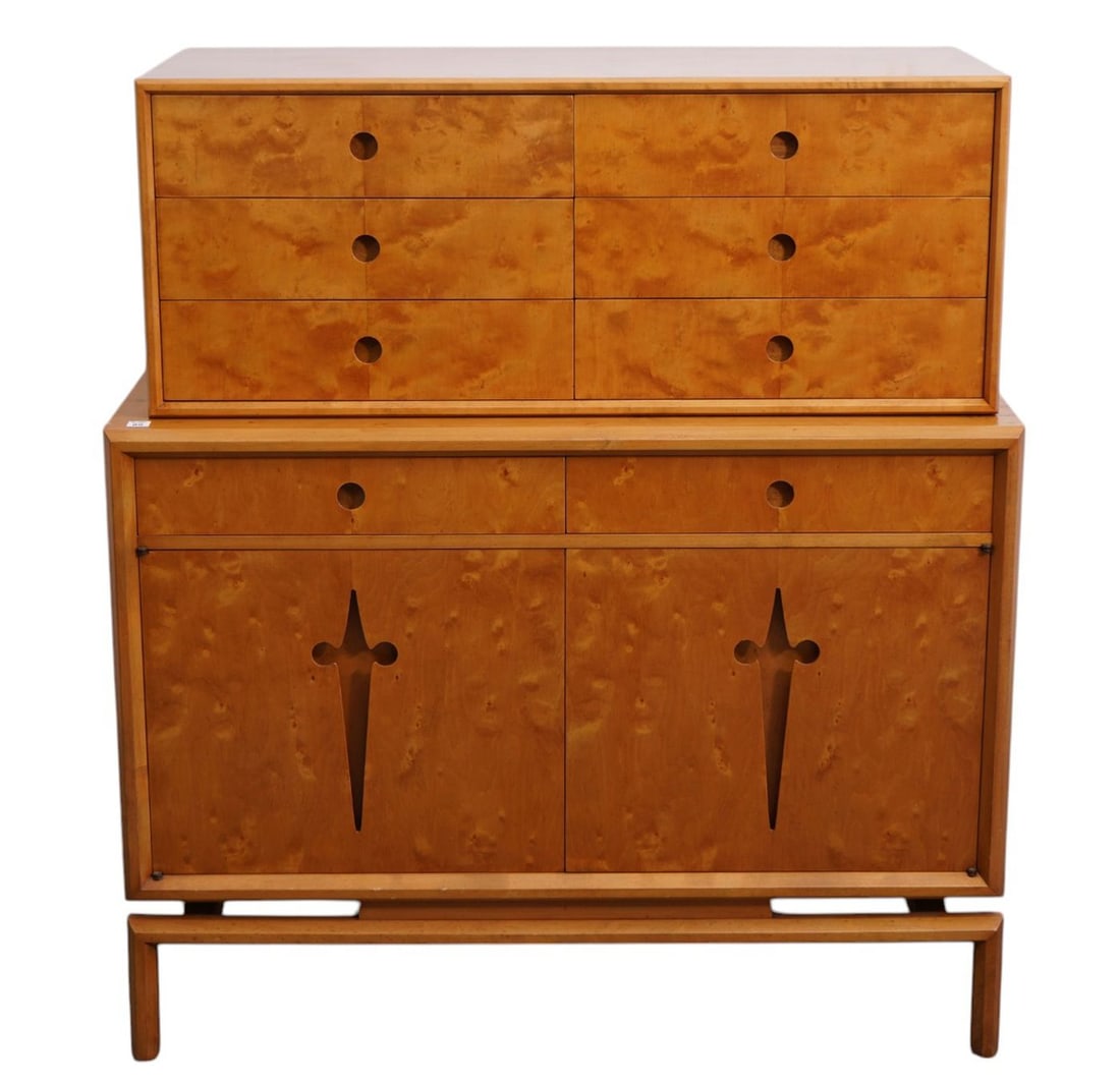 Edmund Spence 2 pc. Mid Century Birch Chest, Top Section with 6 Blind Drawers Over 2 Side by Side: Edmund Spence 2 pc. Mid Century Birch Chest, Top Section with 6 Blind Drawers Over 2 Side by Side Drawers Over 2 Cabinet Doors, Unusual Design on Front, unsigned. 47 1/2"h x 42"w x 20"d***If this item