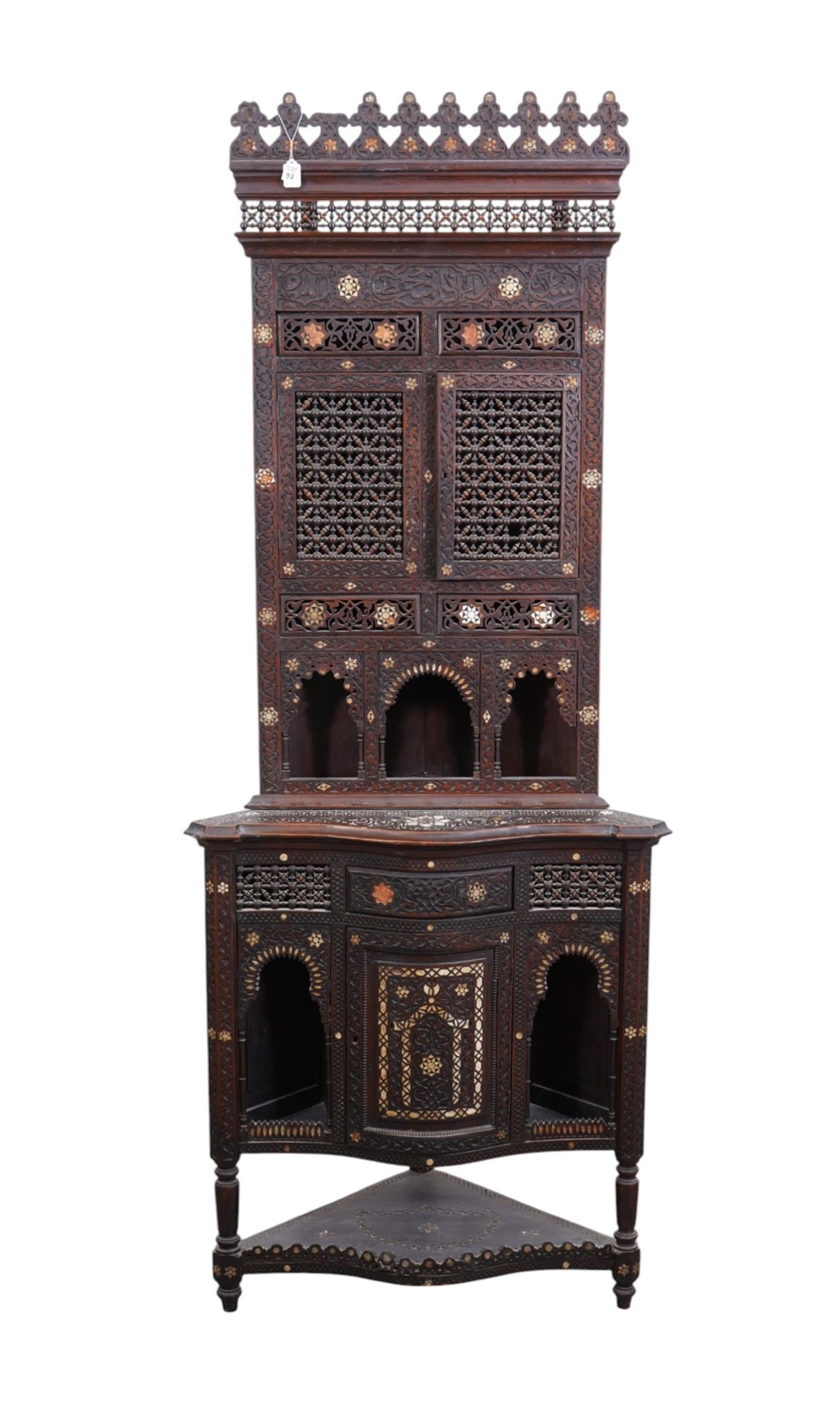 Antique 2 piece Inlay Syrian Corner Cabinet, Top with Doors and Display Space Over Serpentine Shape: Antique 2 piece Inlay Syrian Corner Cabinet, Top with Doors and Display Space Over Serpentine Shape Bottom, Top 48"h x 26"w, Bottom 36"h x 33" w (losses of inlay)***If this item is not picked up by
