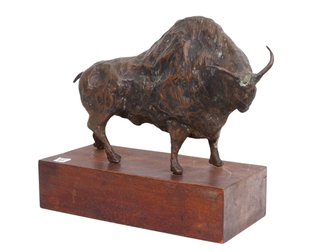Bronzed Copper/Metal Bull Sculpture on Wood Block Pedestal, Needs Securing, 15"h x 15"w x 7 1/4"d: Bronzed Copper/Metal Bull Sculpture on Wood Block Pedestal, Needs Securing, 15"h x 15"w x 7 1/4"d