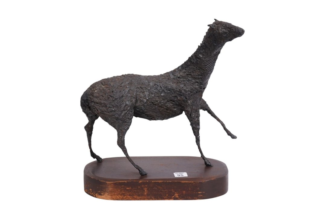 Iron Sheep Sculpture on Wood Base, 14"h x 12"w x 7"d: Iron Sheep Sculpture on Wood Base, 14"h x 12"w x 7"d