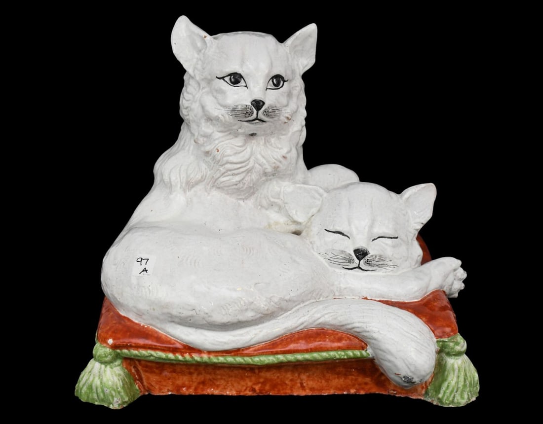 Vintage Italian Hollywood Regency Glazed Terracotta of 2 Cats on Pillow, 17"h x 18"w x 18"d: Vintage Italian Hollywood Regency Glazed Terracotta of 2 Cats on Pillow, 17"h x 18"w x 18"d