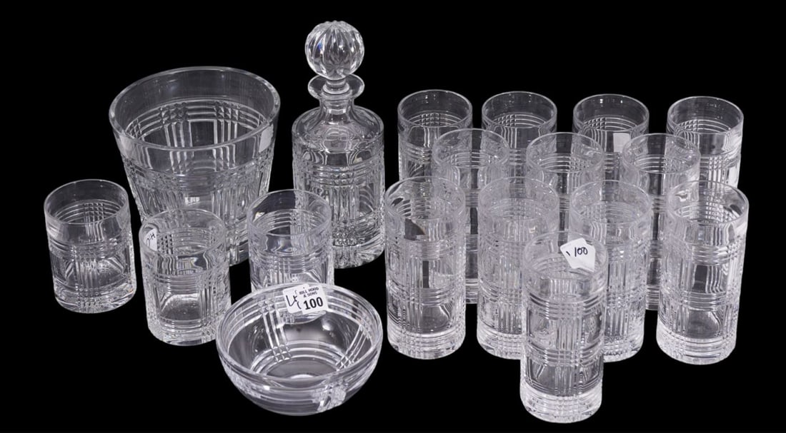18 Ralph Lauren Crystal Glasses & Tablewares, Glen Plaid Pattern, 12 Highballs (6 1/3"h) & 3 Old - 2