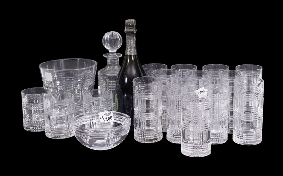 18 Ralph Lauren Crystal Glasses & Tablewares, Glen Plaid Pattern, 12 Highballs (6 1/3"h) & 3 Old - 3
