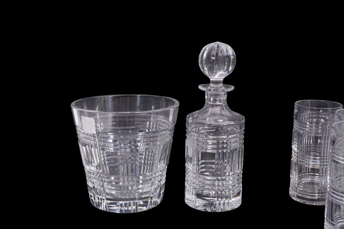 18 Ralph Lauren Crystal Glasses & Tablewares, Glen Plaid Pattern, 12 Highballs (6 1/3"h) & 3 Old - 4
