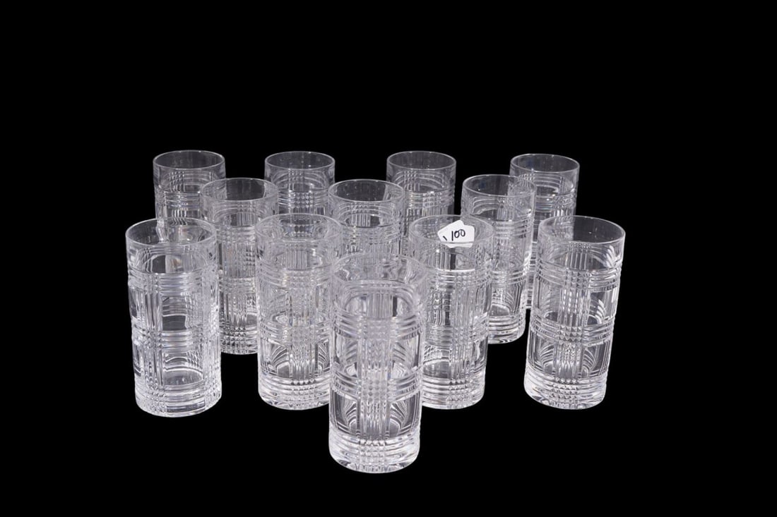 18 Ralph Lauren Crystal Glasses & Tablewares, Glen Plaid Pattern, 12 Highballs (6 1/3"h) & 3 Old - 5