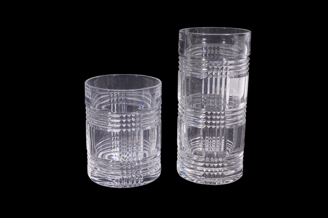 18 Ralph Lauren Crystal Glasses & Tablewares, Glen Plaid Pattern, 12 Highballs (6 1/3"h) & 3 Old - 7