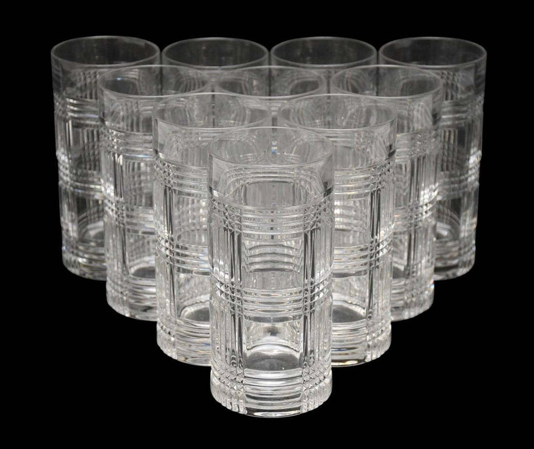 10 Ralph Lauren Crystal Highball Glasses, Glen Plaid Pattern, 6 1/4"h x 3"dia (one has small nick to (1 of 6)