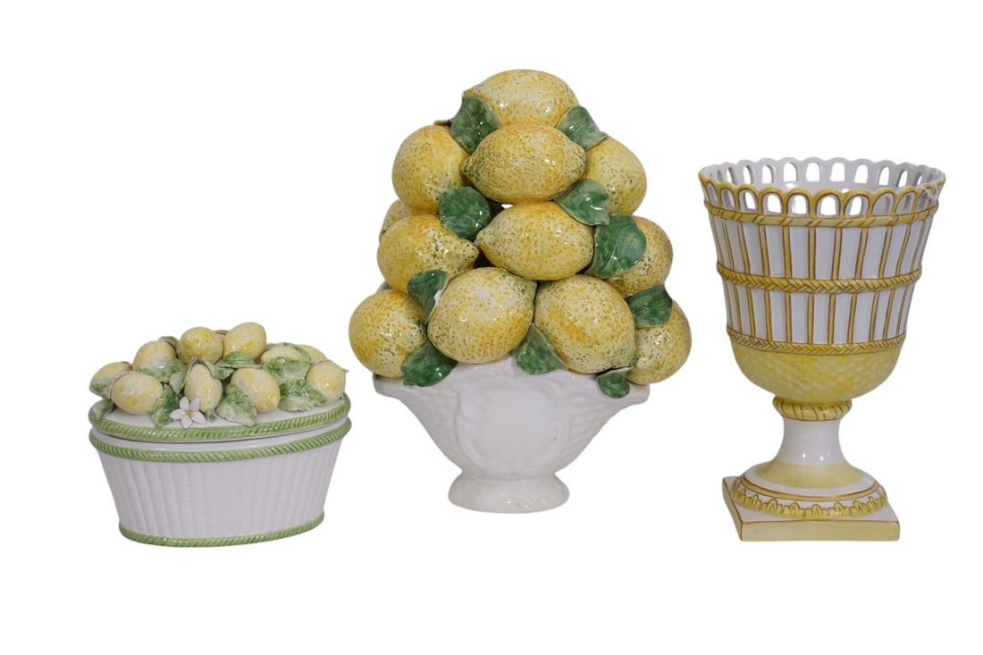 3 Ceramic Italian Tablewares, Lemon Topiary Basket, Covered Bowl, Yellow and White Planter, 13"h x: 3 Ceramic Italian Tablewares, Lemon Topiary Basket, Covered Bowl, Yellow and White Planter, 13"h x 12"w x 9"d